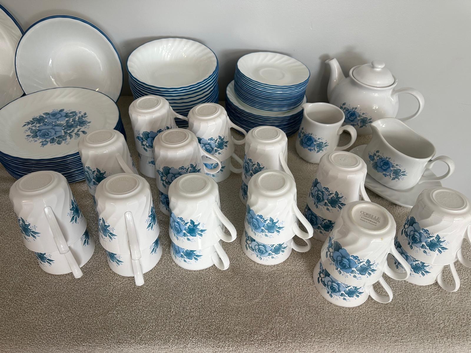 Large Vintage Corelle by Corning Blue Floral Dinnerware Set — Plates, Bowls, Cups, Teapot & Serving Pieces
